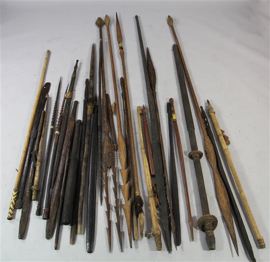 A collection of Sepik River tribal clubs, spears and spear throwers